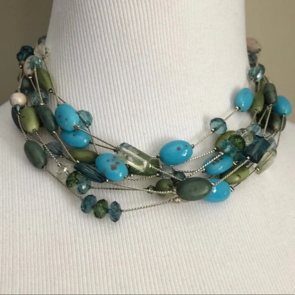 Layered Green & Blue Beaded Necklace Silver Tone